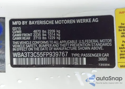 2015 BMW 435I z USA, uszkodzony, nr VIN WBA3T3C55FP939767